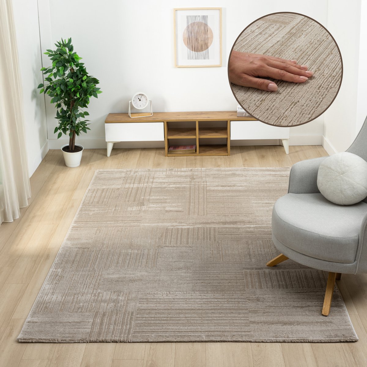 Oz Home Elyse Structure Vloerkleed Taupe – Modern Reliëf & Blokstructuur – 160x230 cm – Laagpolig 10 mm – Duurzaam & Comfortabel - Exclusief Premium Tapijt