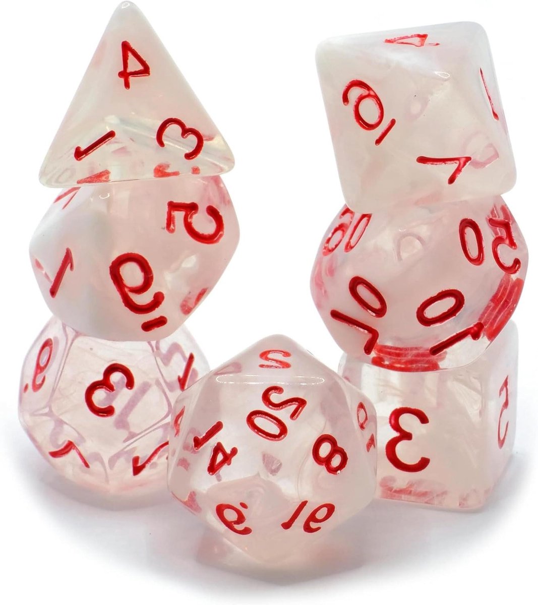 Polyset Dobbelstenen - Dobbelstenen Set - Rollenspellen Spelen - Wit Transparant Rood - 7 Stuks - Wit/Transparant