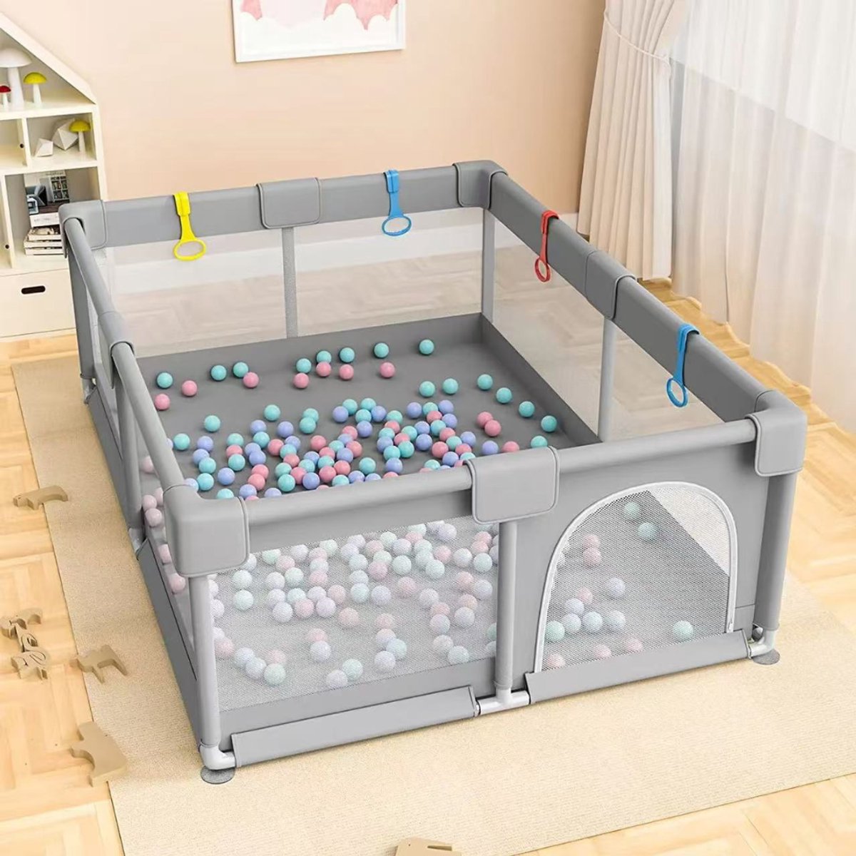 Livista Grondbox - Speelbox - Baby boxen - Kruipbox voor Baby - Playpen - Kinderbox - Met 4 trekring + 60 speelballen - 120 x 180 x 65cm - Grijs – foto 5