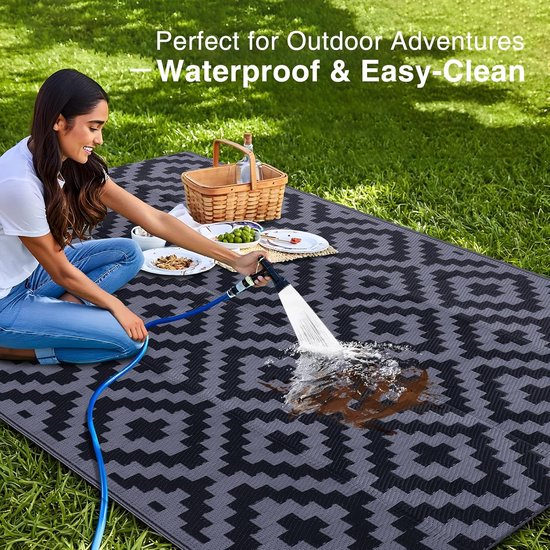Buitentapijt Waterdicht - Plastic Vloerkleed Camper - Terras Aankleden - Omkeerbaar Geometrisch Patroon - 12 x 180 m - Zwart Grijs — afbeelding 3