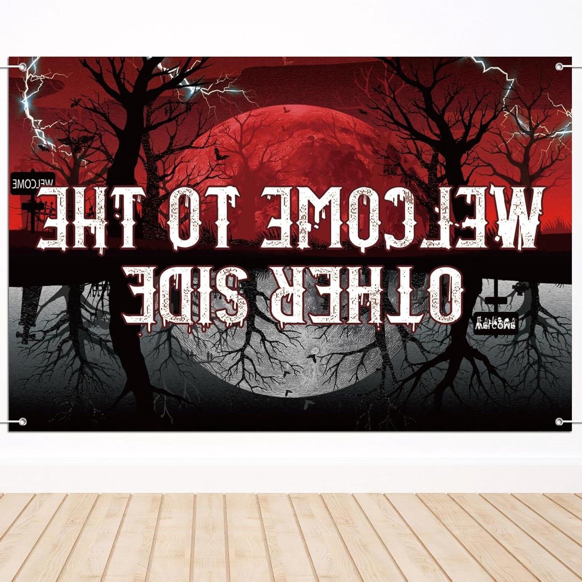 Horror Achtergrond - Feestdecoratie Banner - Themafeest Aankleden - Ondersteboven Wereld Design - 150x100cm - Rood Zwart Wit
