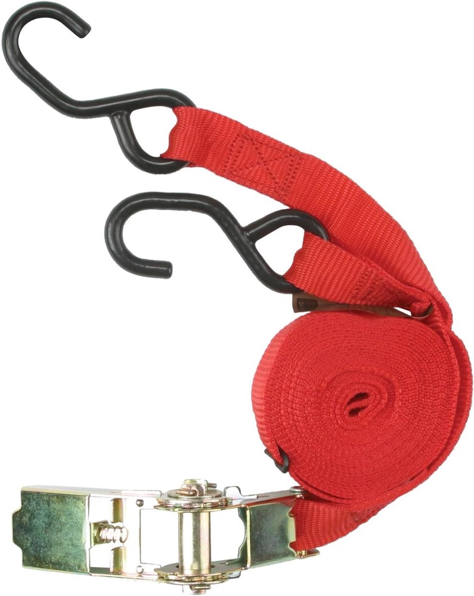 Sjorriem met Ratel - Spanband Bevestigingsriem - Lading Zekeren - Met Dubbele Veiligheidshaken - 5 meter - Rood