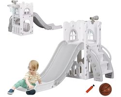 Speeltoestel Toren 5 in 1 - Grijs en Wit - Glijbaan, Telescoop en Basket voor binnen en buiten - Baby - Peuter - Kleuter - Cadeau - 1 jaar - 2 jaar - 3 jaar - Sinterklaas - Kerst - BPA-Vrij
