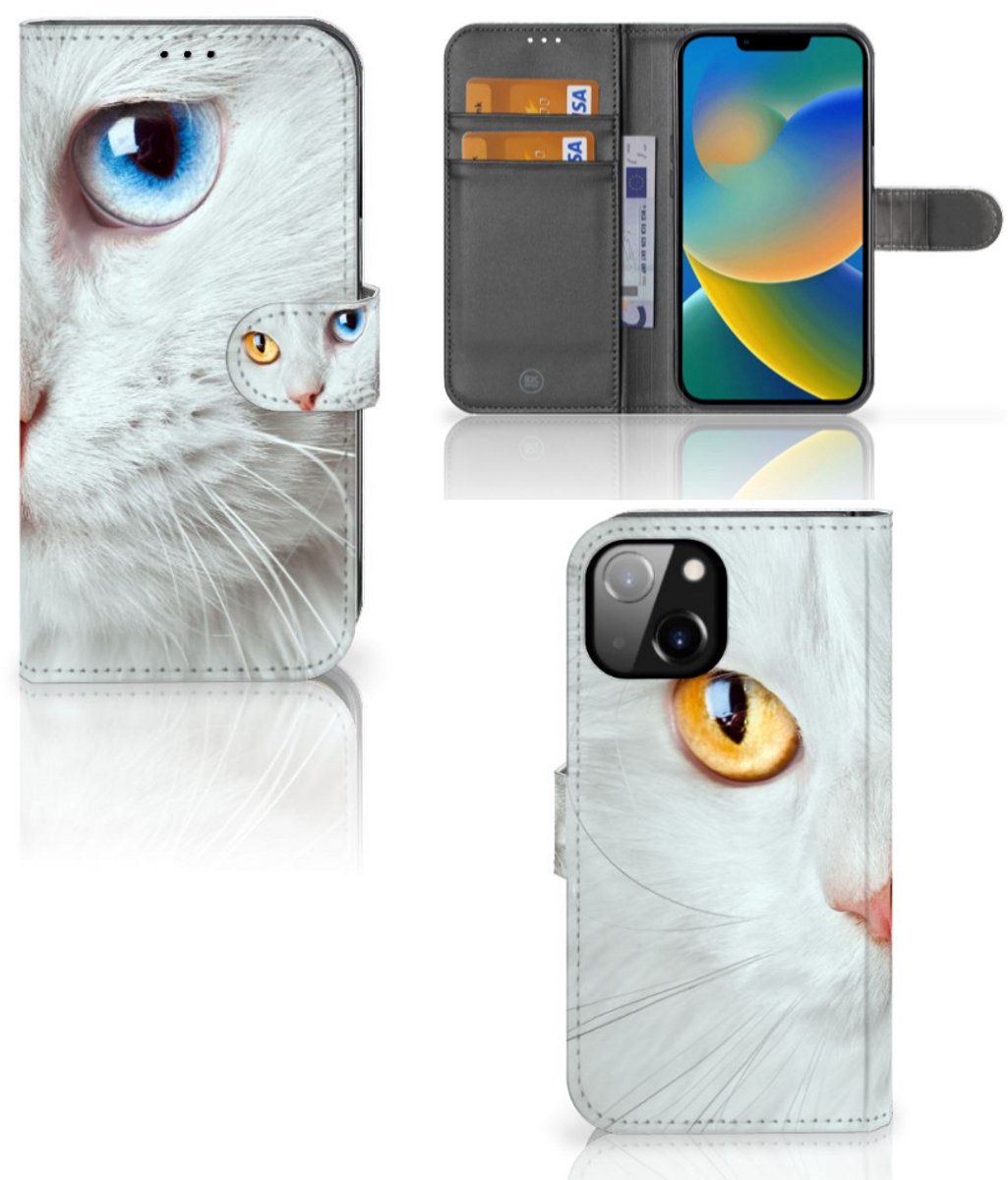 Apple iPhone 14 Telefoonhoesje met Pasjes Witte Kat
