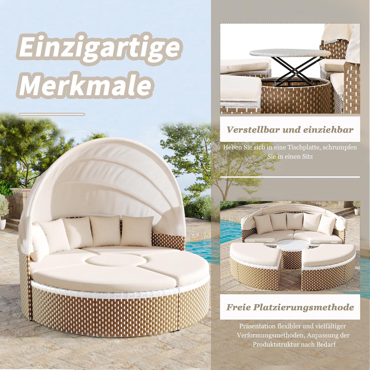 Luxe Zonne-eiland met Luifel 170 cm Rond – Verstelbare Overkapping, Rotan Lounge Bed met Tafel & Waterdichte Kussens – Outdoor Tuin Ligbed Beige – Nicolehome