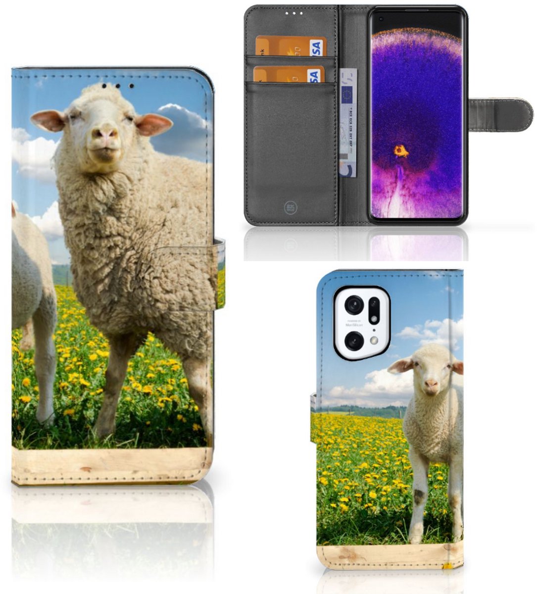 OPPO Find X5 Pro Telefoonhoesje met Pasjes Schaap en Lammetje