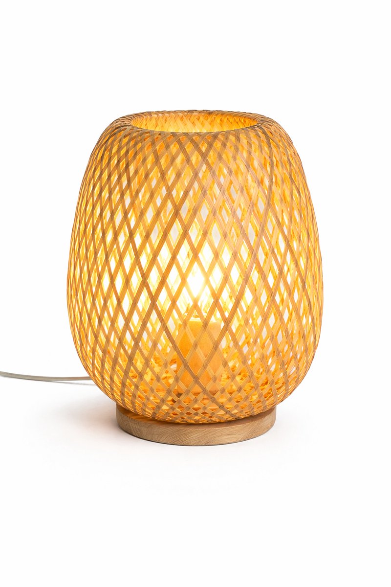 Bamboe Tafellamp met Lichtspel – Hue Glow Shade – Handgemaakt – 30 cm – Incl. snoer en fitting – Sfeerlamp Boho / Japandi
