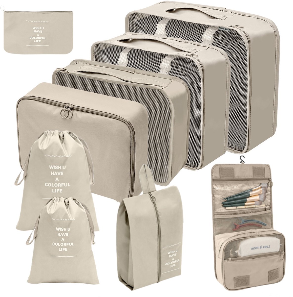 Packing Cubes - 9 stukken Koffer Organizer Set - Kleding Cosmetisch Bagage Organizer - Travel Cubes - Reis Accessoires - Voor Tassen en Backpacks - Beige