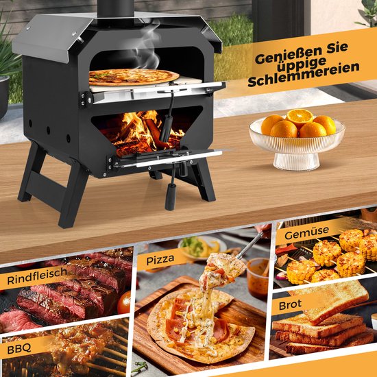 COSTWAY Outdoor Pizzaoven, Pizza Oven met Pizzaschep, Pizzasteen, waterdichte afdekking, roestvrijstalen dak & hittebestendige handgrepen, draagbare brandoven, houtoven voor picknick, BBQ-feest — afbeelding 5