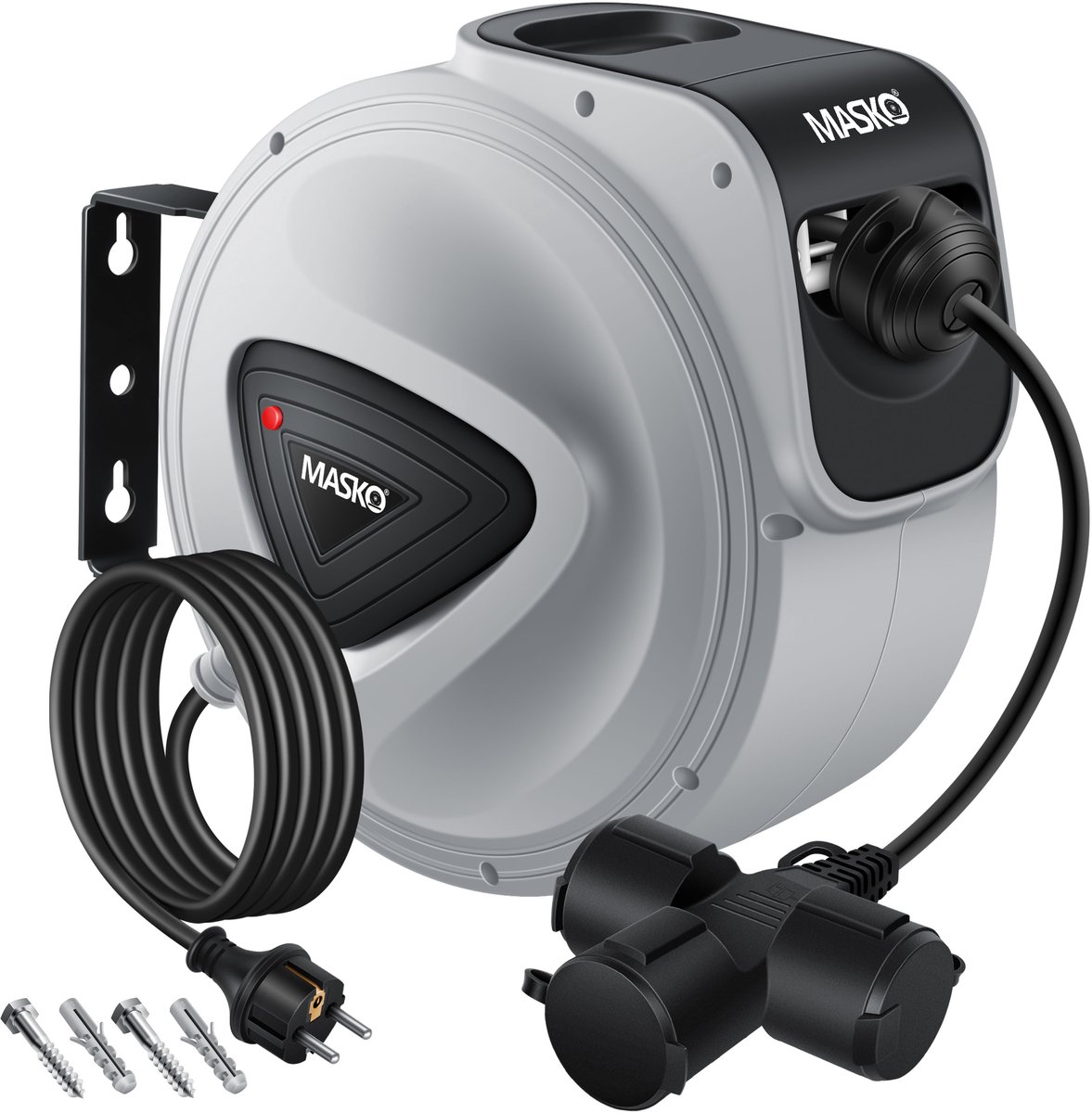 MASKO® Kabelhaspel 10 meter automatisch voor buiten met 3 stopcontacten Wandmontage 1,5m Aansluitkabel Inclusief Handschoenen - Grijs