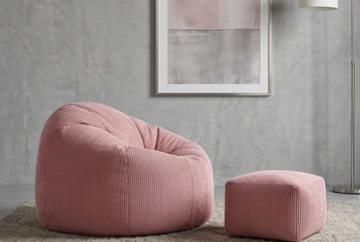 Zitzak Met Poef 85x85x50 cm – XXL Loungestoel voor Volwassenen met Polystyreen Vulling – Corduroy Loungestoel / Beanbag – Modern Boho Woonkamer & Slaapkamer – Beige – Urbanhome