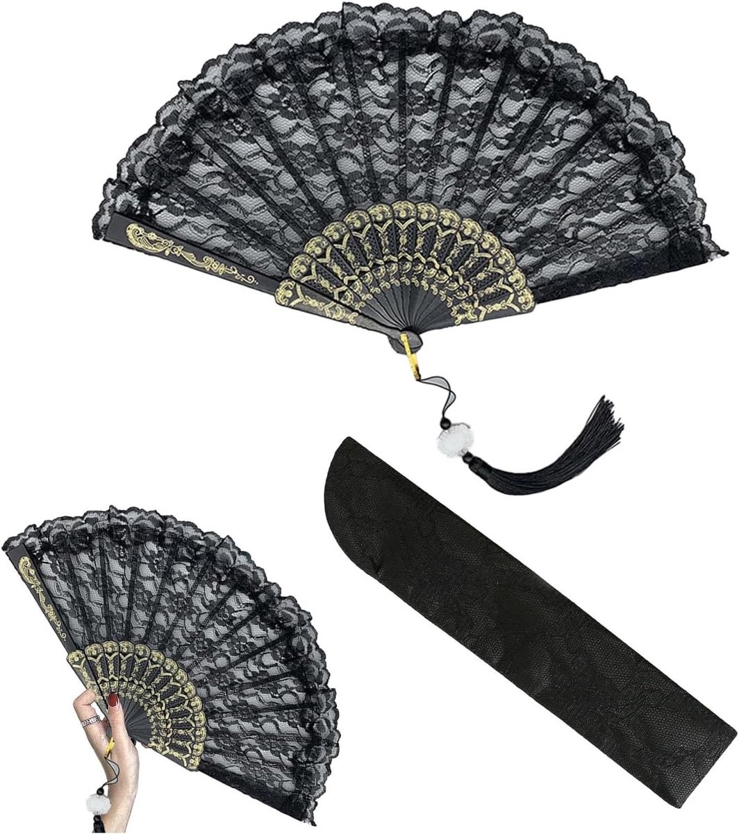 Elegante handgemaakte waaier van zwart kant voor bruiloften en reizen - kleurrijke accessoires (23x42cm)
