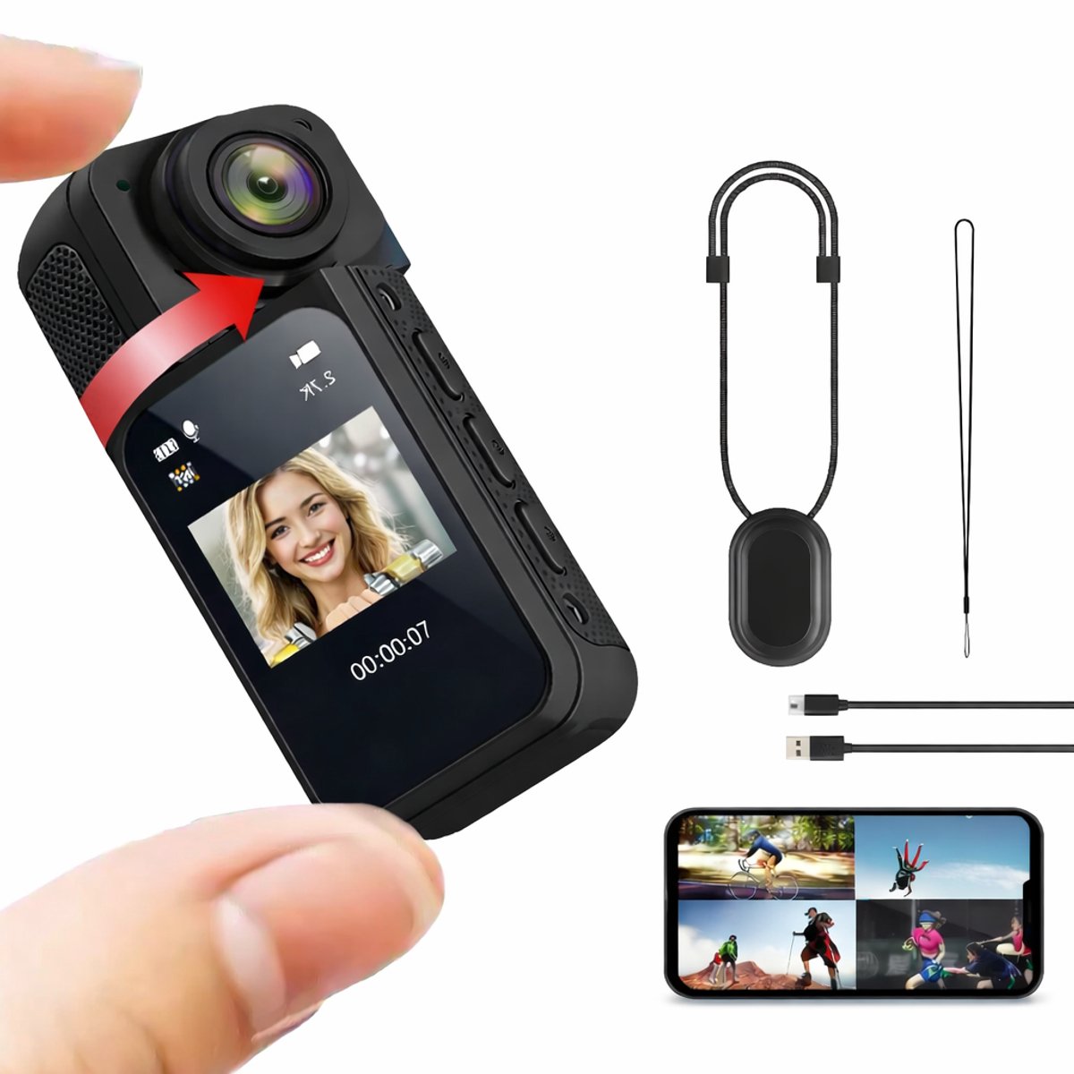 Aventrix Mini Action Camera – Bodycam 1080P Full HD – 180° Draaibaar – Met Display – Zwart – Sportcamera – Recorder – Voor Fiets, Motor, Beveiliging, Vloggen