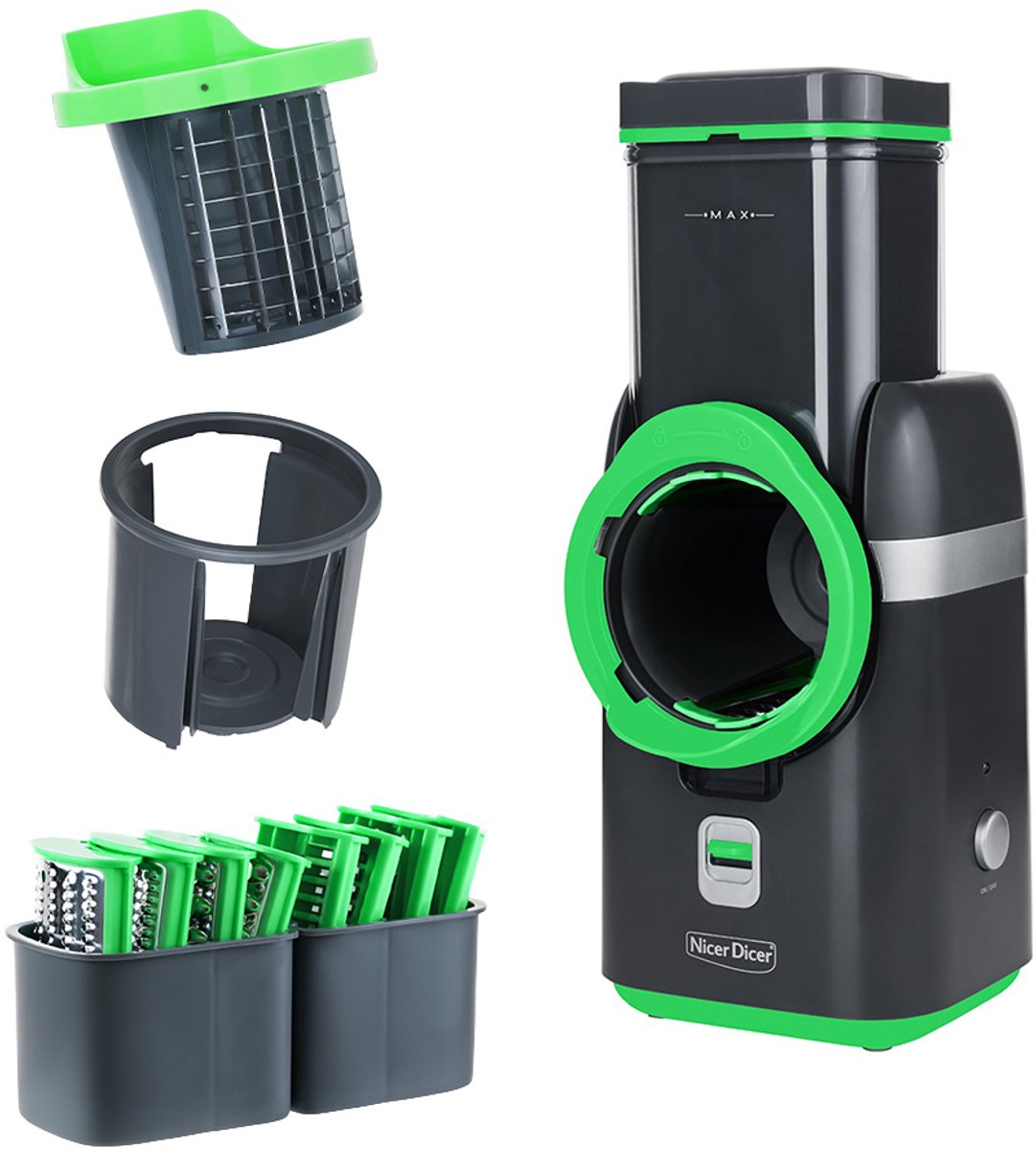 Genius Nicer Dicer Electro - Elektrische Groentesnijder - 25-delig - Blokjesfunctie - Raspen en Snijden - 80W