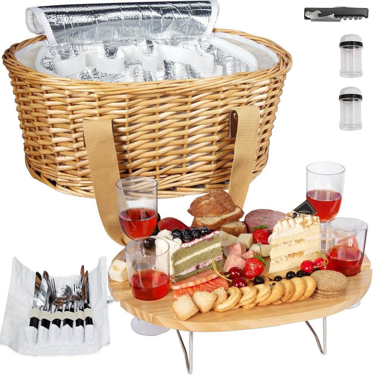 Picknickmand met Grote Geïsoleerde Koeltas en Bestek Servicekits - Picknick Mandje - Boodschappenmand - Fruitmand - Winkelmand - Wilgenhout - Natuurlijke - 20L - van Imperatoris