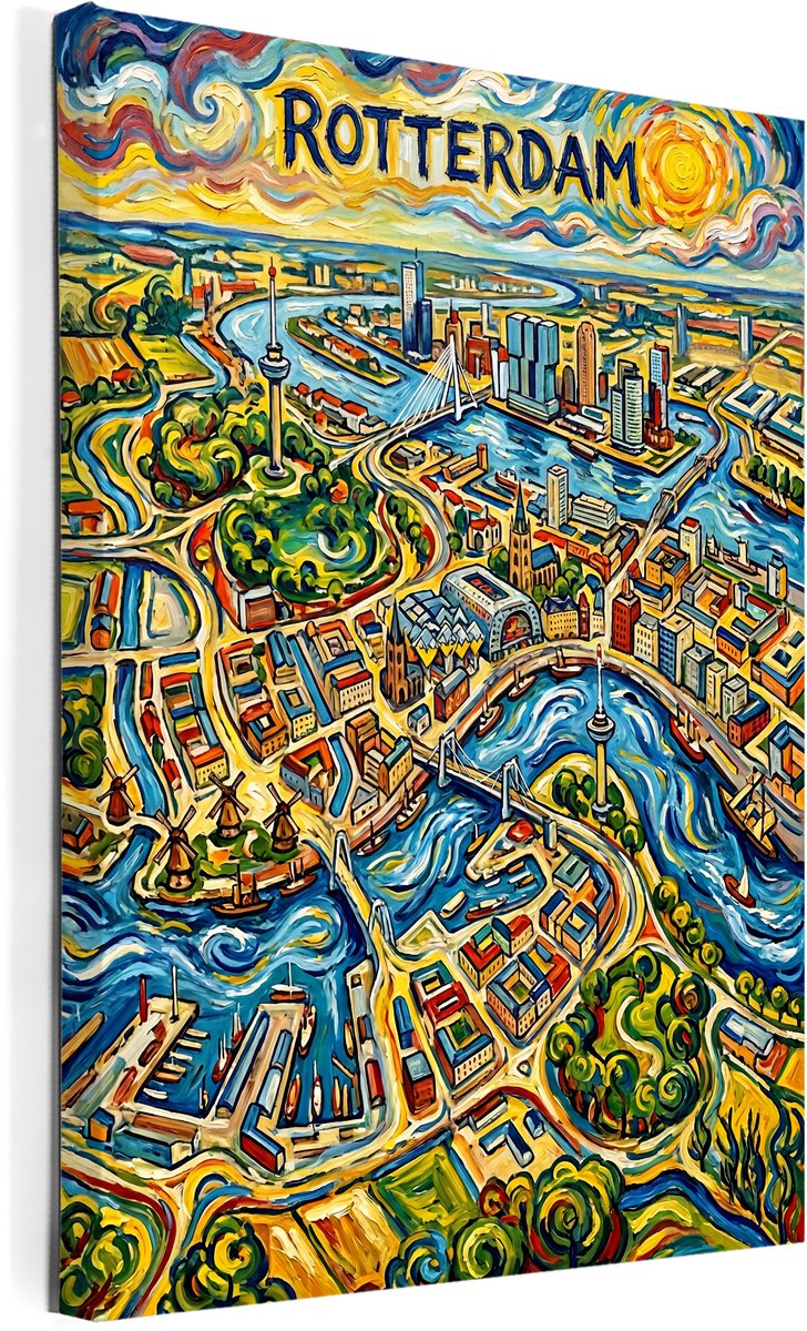 Stadsposter Rotterdam wanddecoratie op canvas afmeting 75x100cm - stadskaart - plattegrond - schilderij stad - steden posters