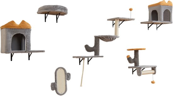 COSTWAY Krabpaal, klein, 4-in-1, krabpaal met zachte zitting & basis & bontballetjes en een touw van sisal, kattenkrabpaal van hout, kattenmeubel