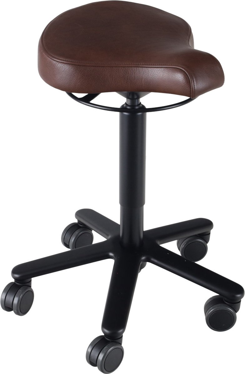 Biker zadelkruk leer Cognac- zwarte gaslift en kruispoot - leder bekleding – kleur Cognac