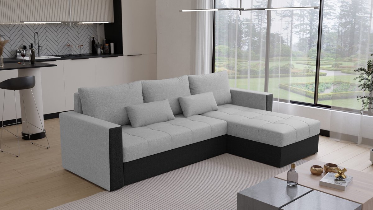 Hoekbank Kreta - Universeel - Stof - Grijs en Zwart - Slaapbank met opbergruimte - Links of Rechts - Direct Leverbaar - Hoekzetel - Chaise longue - Zetel met slaapgedeelte - 3 zits - Zitcomfort stevig