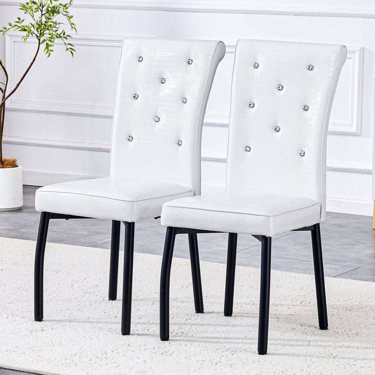 Wishdor Eetkamerstoelen - Zachte Zitting, Kristalknoopdetails En Verstelbare Voetdoppen - Retro Ontwerp Voor Eethoek - Metalen Poten En PVC Met Imitatieleer - Zwart En Wit Zwart, Wit