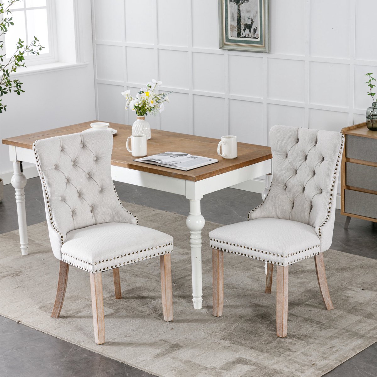Wishdor - Eetkamerstoelen Set Van 2 - Hoge Rugleuning En Siernageldetail - Moderne Stijl -
