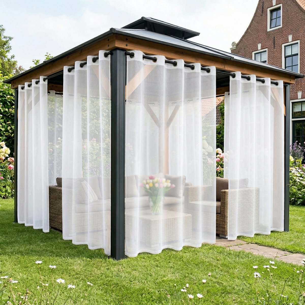 Qelus Vitrage Extra Breed Buitengordijn Waterdicht Lichtdoorlatend - XXL Outdoor Gordijn Transparant - Scheidingsgordijn voor tuin, raam, veranda en binnenplaats - 254x213cm - Wit - 1 Stuk