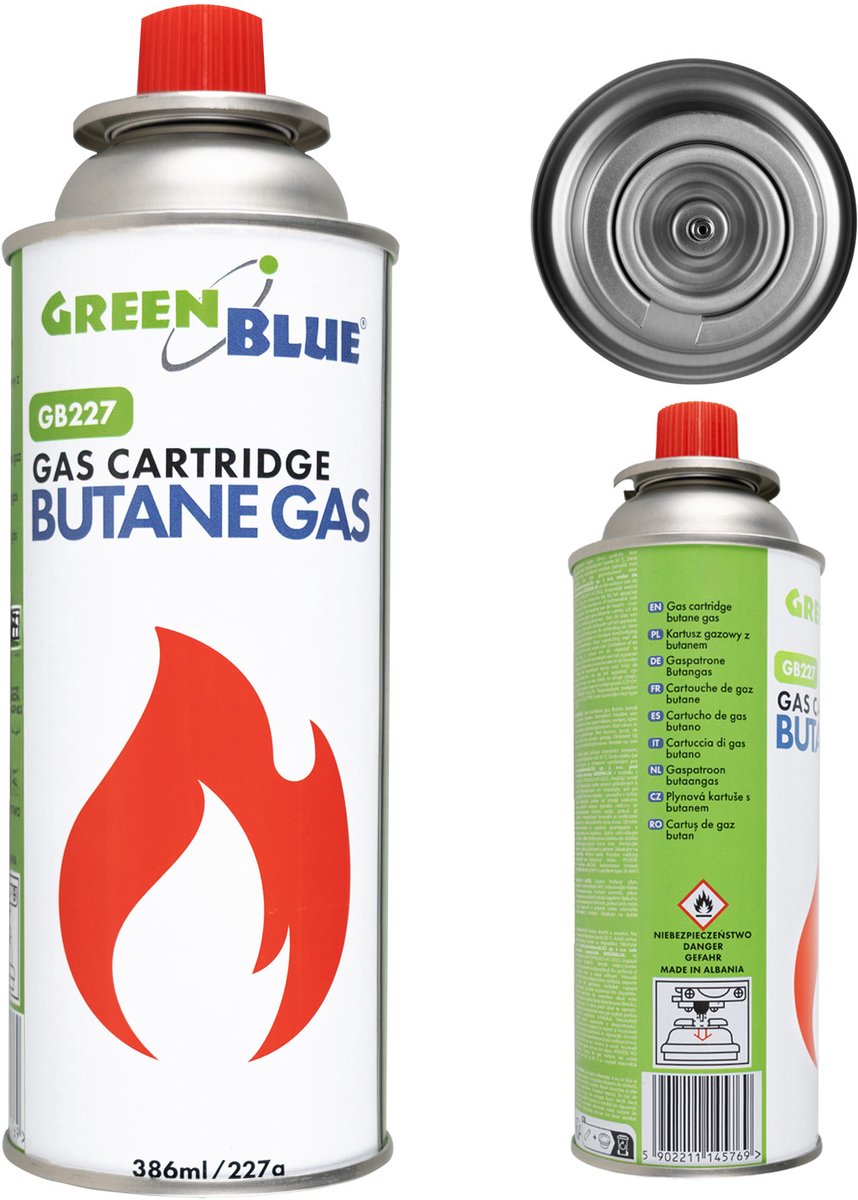GreenBlue - Gasfles - Gaspatroon van 227 g. Certificaat: Pi 0875, voldoet aan de norm EN 417, butaan, gebruiksbereik -10 °C tot +40 °C, GB227