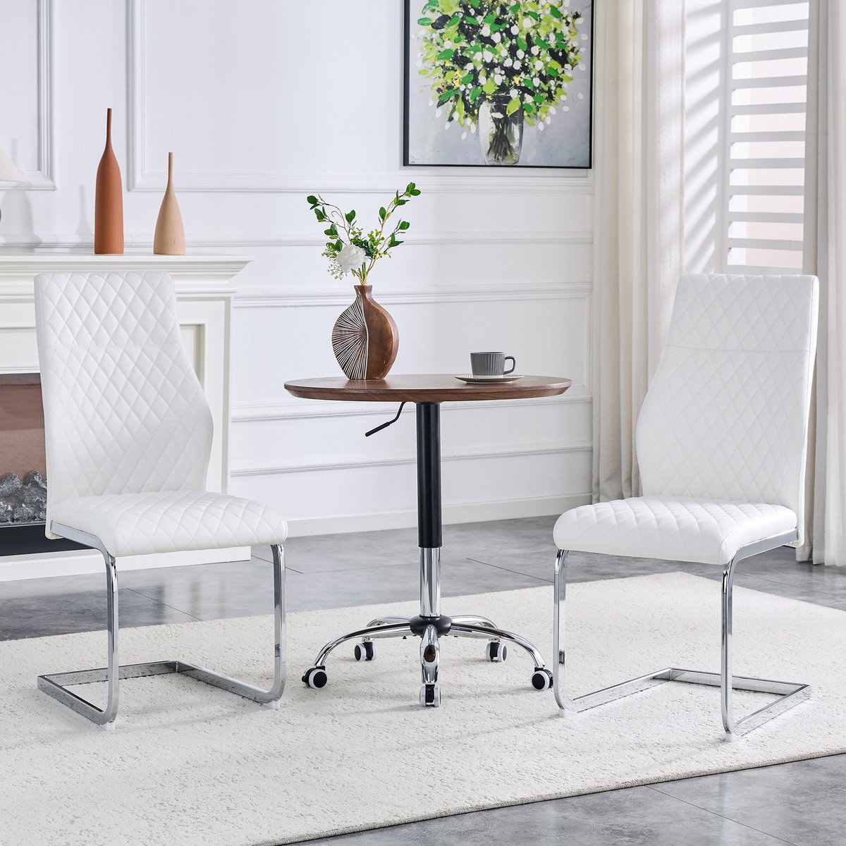 Wishdor Eetkamerstoelen Set Van 2 - Ruitstiksel, Hoge Rugleuning En Antislip Voeten - Modern Ontwerp Voor Eethoek - Metalen Frame En Kunstleer - Wit En Zilver - Rughoogte 100 Cm - Met 5 Cm Zitkussen Wit + Zilver
