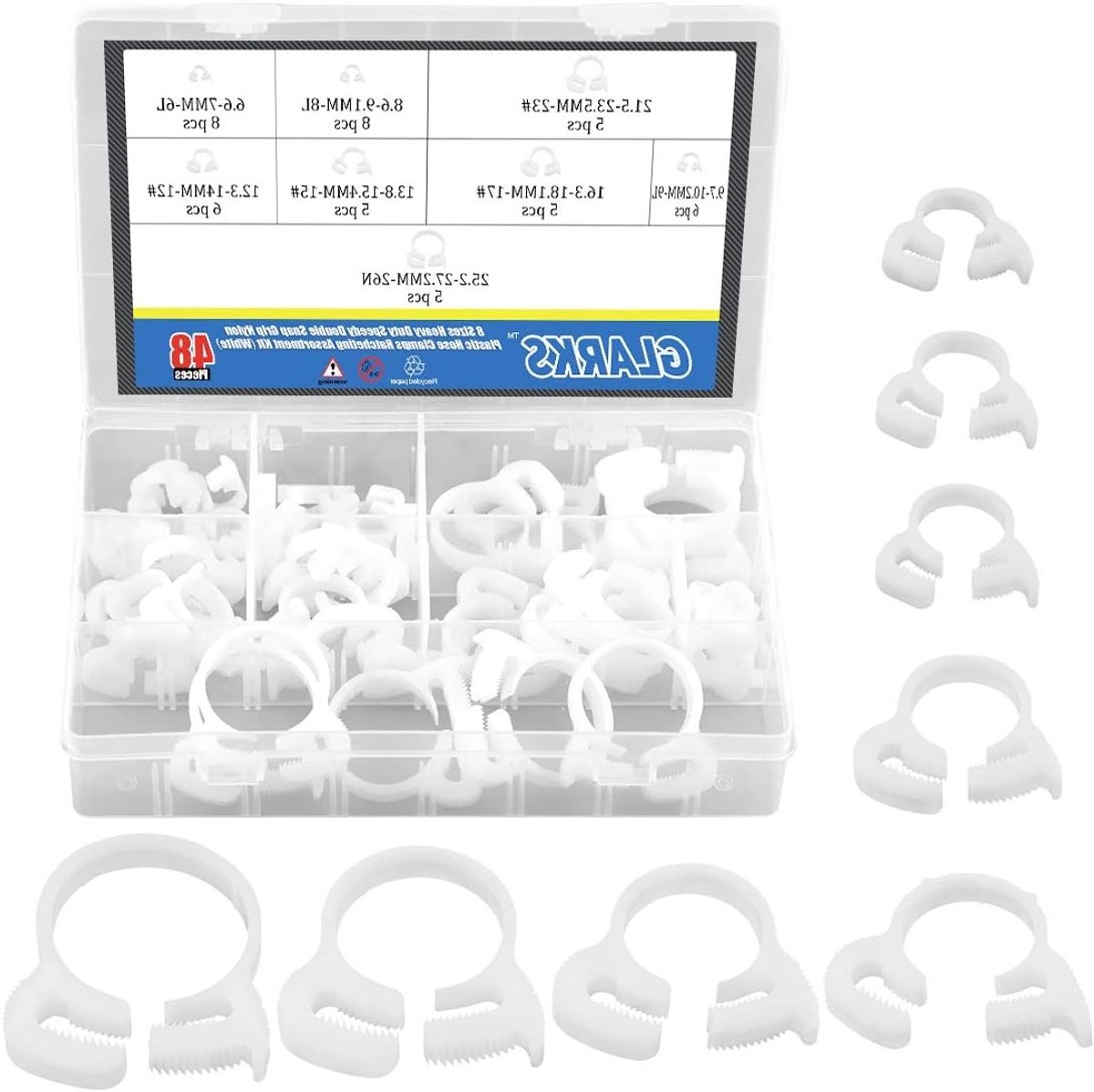 48-delige set stevige witte dubbele grip nylon slangklemmen in 8 maten, 6.6-27.2mm, voor tuin en klussen