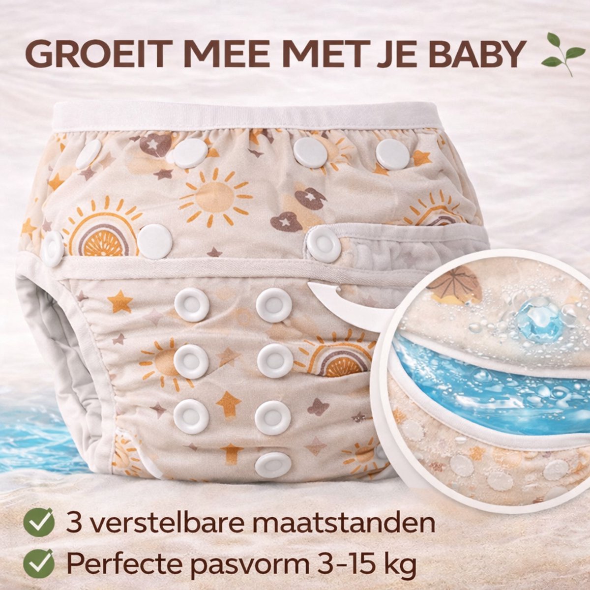 BonBini's® Wasbare Zwemluier Baby - Herbruikbaar - zwembroekje - Anti Doorlek - Sunshine Taupe — afbeelding 3