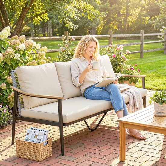 Pugsdrly Banc de jardin 3 places rotin canapé lounge avec coussins amovibles, accoudoirs aspect bois, cadre en acier, kaki