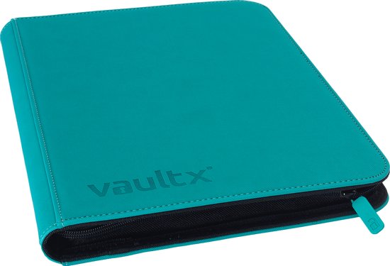 Blauwgroene Vault X binder, in de hoek geopend, met ritssluiting en turquoise ritslip.