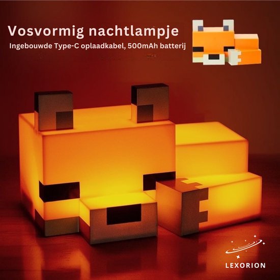 Lexorion Minecraft Vos Lamp 16 cm - LED Nachtlampje - 3D Figuur - Kinderkamer & Slaapkamer - Inclusief Batterijen - Oranje Gaming Decoratie van Merkloos — afbeelding 4