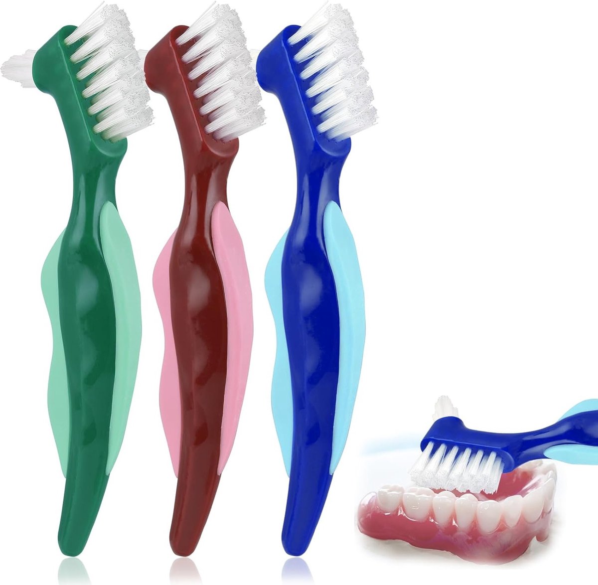 Drie-delige set hardeborstels voor het reinigen van hygiënische protheses, premium kwaliteit, dubbele tandenborstel met meerlaagse borstelharen, prothese onderhoud en verzorging