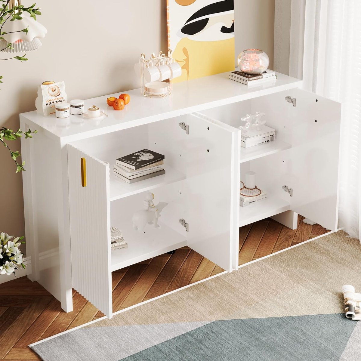 Lumière Modern Minimalistisch Dressoir – Luxe Witte Opbergkast met Gouden Handgrepen en Uniek Shutter-Design – Dressoir met Verstelbare Planken voor Woonkamer en Slaapkamer – 140W x 38D x 80H cm