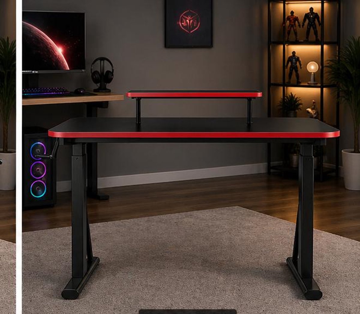 Gaming Bureau Hoogte Verstelbaar met Monitor Verhoger 140x63.5 cm – Computerbureau voor 2 Monitoren, Handmatig Verstelbaar 109–126 cm, Stevig Frame – Blauw – Vermissen
