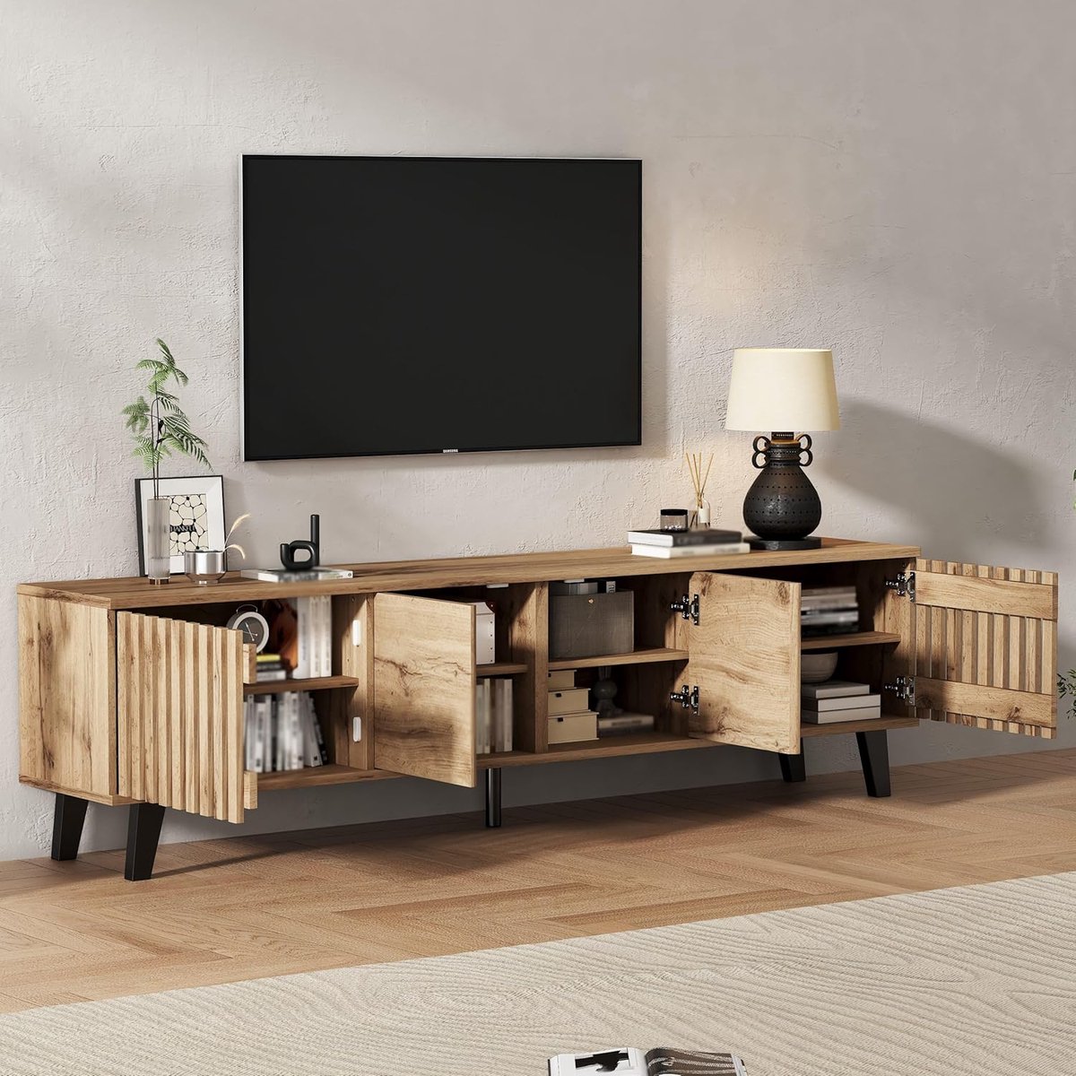 TV-meubel 180 cm walnoot rotan – Houten tv-kast met schuifdeuren en kastdeuren voor 80 inch tv – Modern retro lowboard met opbergruimte voor woonkamer en slaapkamer – Dader