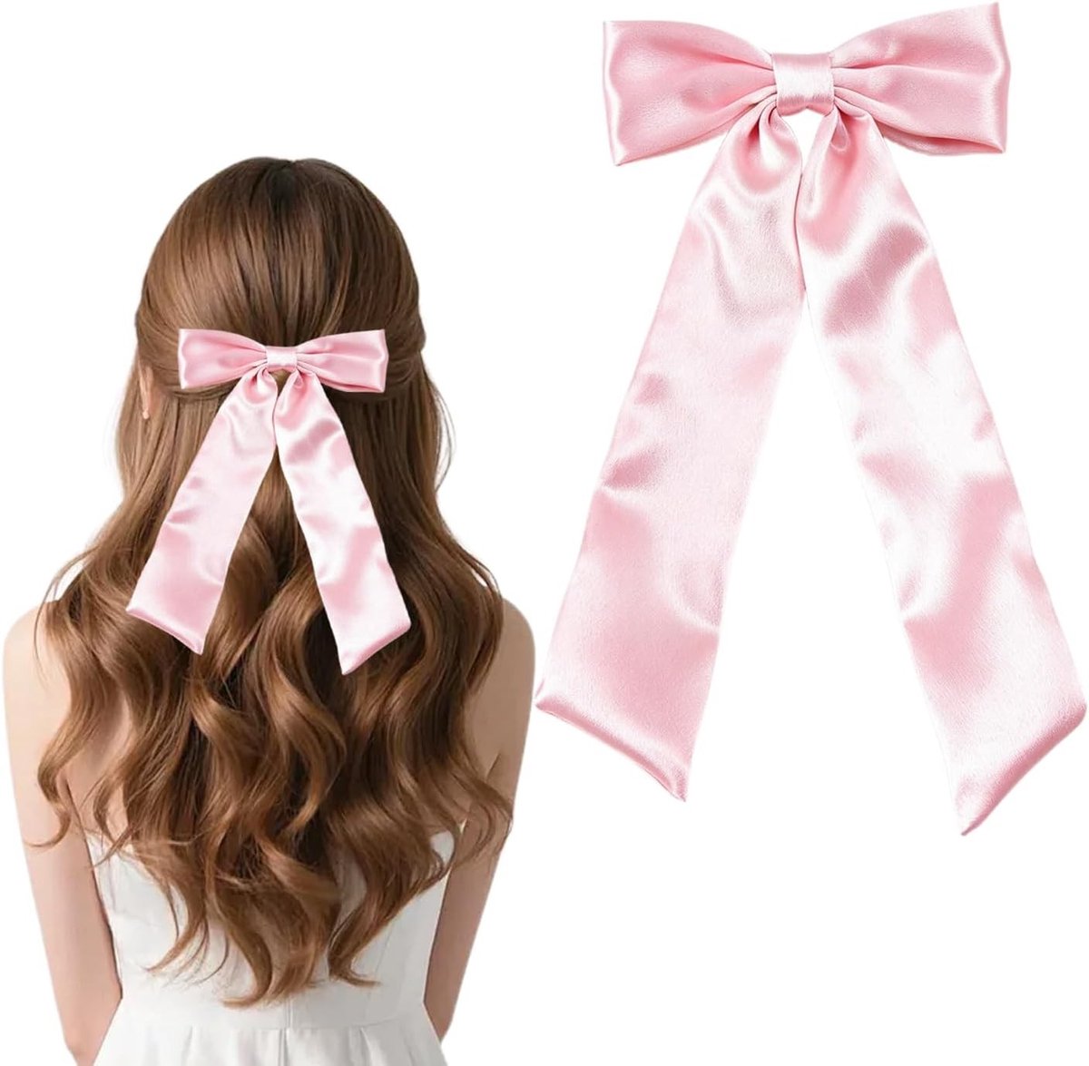 Lange roze satijnen haarstrikken met clip | Elegante haaraccessoires voor dames en meisjes, perfect voor feestjes en speciale gelegenheden