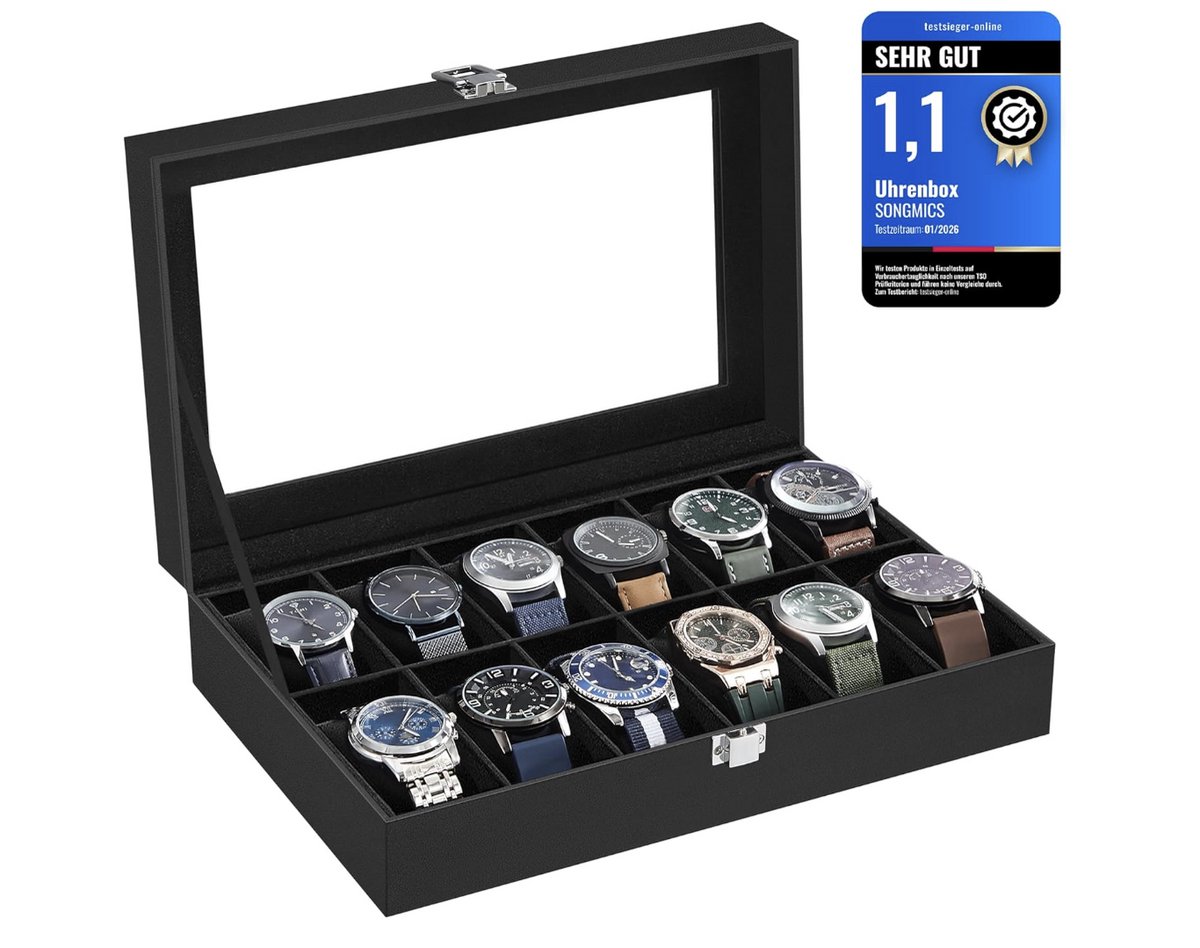 Horlogebox voor 12 Horloges - Kunstleren Horlogekist met Glazen Deksel - Luxe Horlogedoos met Zachte Voering - Zwart