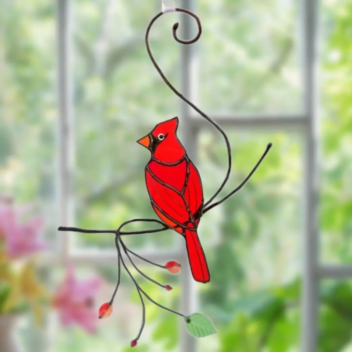 Glazen Suncatcher Rode Vogel – Cardinal Raamhanger van Glas – Kleurrijke Wanddecoratie – Cadeau voor Vogelliefhebbers – 30x12 cm