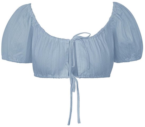 Lichtblauwe crop top met korte pofmouwen en strikdetail aan de voorkant.