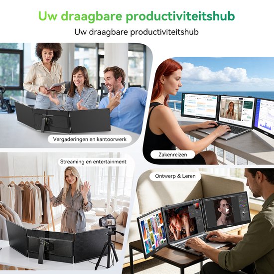 Mensen gebruiken draagbare monitoren voor vergaderingen, kantoorwerk, zakenreizen, streaming, ontwerp en leren.