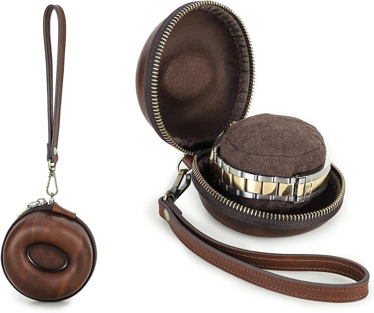 Leren horlogebox met afneembare handgreep voor 1 horloge, draagbare rits organizer voor horloges tot 54mm, ideaal voor reizen en opslag