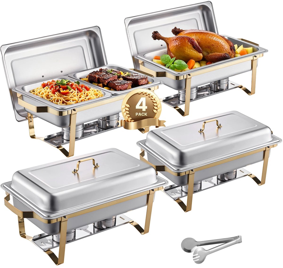 DailyDamaar buffetwarmer - Warmhoudbakken - Voedselverwarmer - Cateringschaal - Roestvrijstaal - 62x35x33cm - 4 stuks - Goud - Zilver