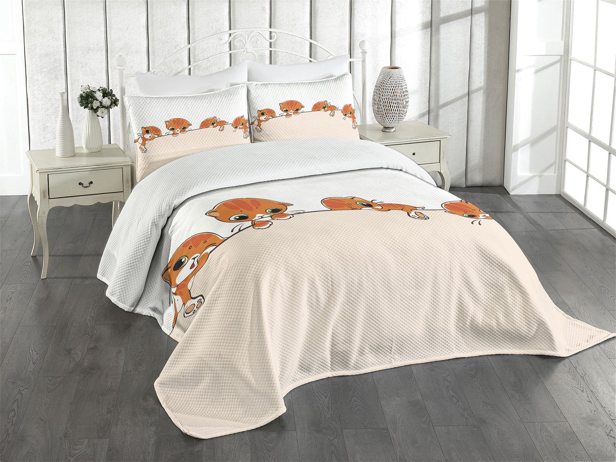 ABAKUHAUS Kattendeken Set, Banner met Kleine Katjes, Gewatteerd 3-delig dekbed Set voor tweepersoonsbedden 220 x 220 cm, Oranje Cream White