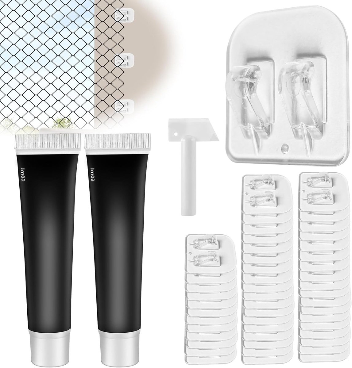 Set van 50 Katnetten met Plakhaakjes voor Balkon, Geen Boren Nodig, Weerbestendig en UV-bestendig, Inclusief 2 x 60 ml Montagemateriaal, Transparant en Duurzaam
