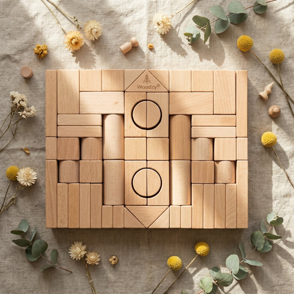 Woodzy Houten Blokkenset 60 Delig – FSC® Gecertificeerd – Montessori Speelgoed – Educatief Speelgoed 3+ Jaar – Naturel Hout – Grote Bouwset – Cadeau Kinderen — afbeelding 8