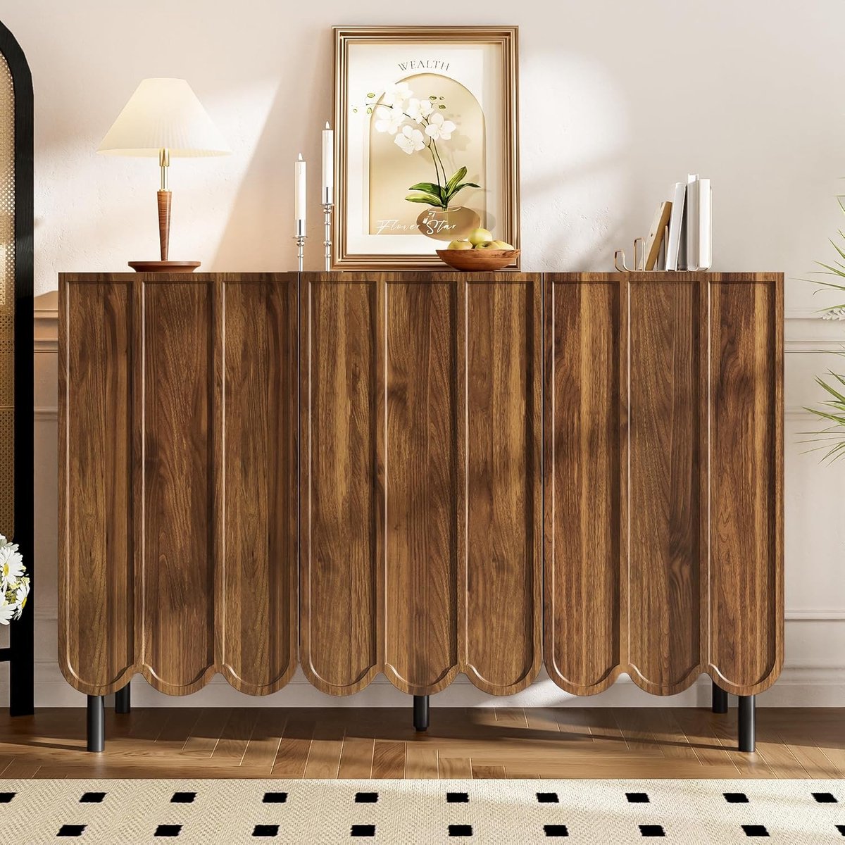 Moderne Design Dressoir Wave 120 x 35 x 80 cm met Golvevormige Deuren en Duw-open Systeem – Opbergkast met Verstelbare Planken voor Woonkamer, Eetkamer en Hal – Donker Houtkleur