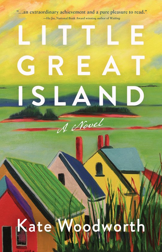 Boekomslag van Little Great Island door Kate Woodworth met kleurrijke huizen aan het water tegen een gele lucht.