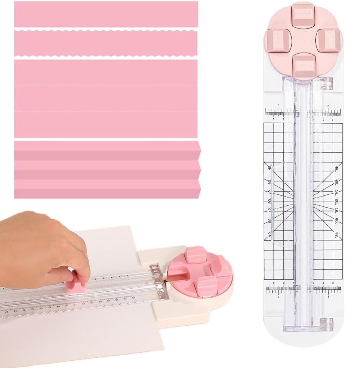Multifunctionele 4-in-1 Papier Snijder met Rechthoekige, Golvende en Geribbelde Snijdial voor Creatief Knutselen en Scrapbooking in Roze